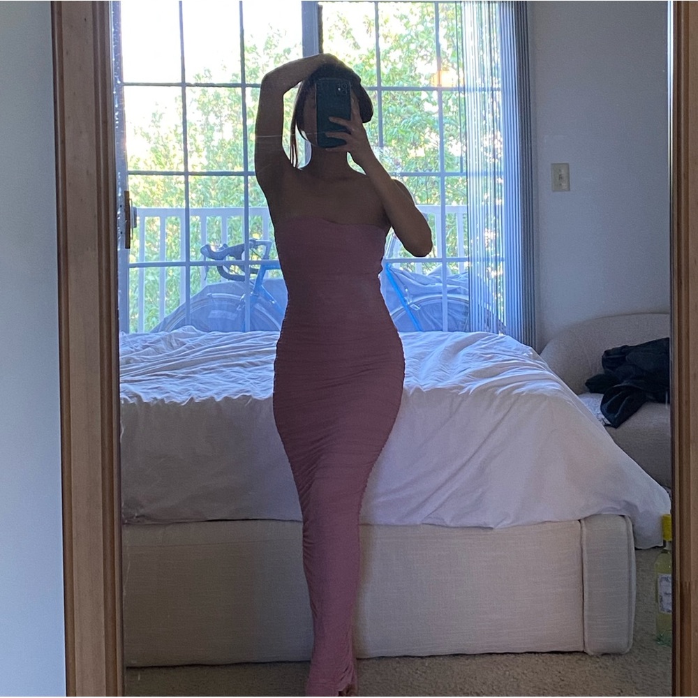 Club L London Pink Bodycon Ruched Mesh Pink Maxi Hem Split Strapless, Size 0